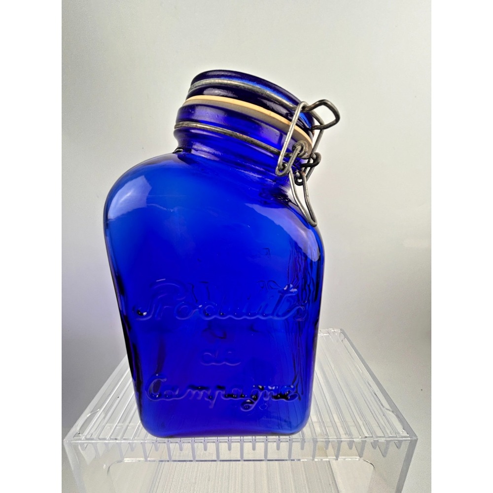 Farm Products Cobalt Blue Glass Tilt Head Canister w/Metal Closure 8 1/2" Italy